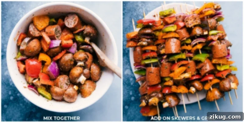 Sausage Kabobs are easy to make and loaded with flavor! Recipe via ChelseasMessyApron #dinner #quick #easy #healthy #whole #whole30 #keto #veggies #grilled #summer #sausage #kabobs Two process images: one showing the mixed vegetables and sliced smoked sausage in a bowl, coated in olive oil and seasonings; the second showing the seasoned sausage and vegetables being threaded onto wooden skewers, ready for grilling.