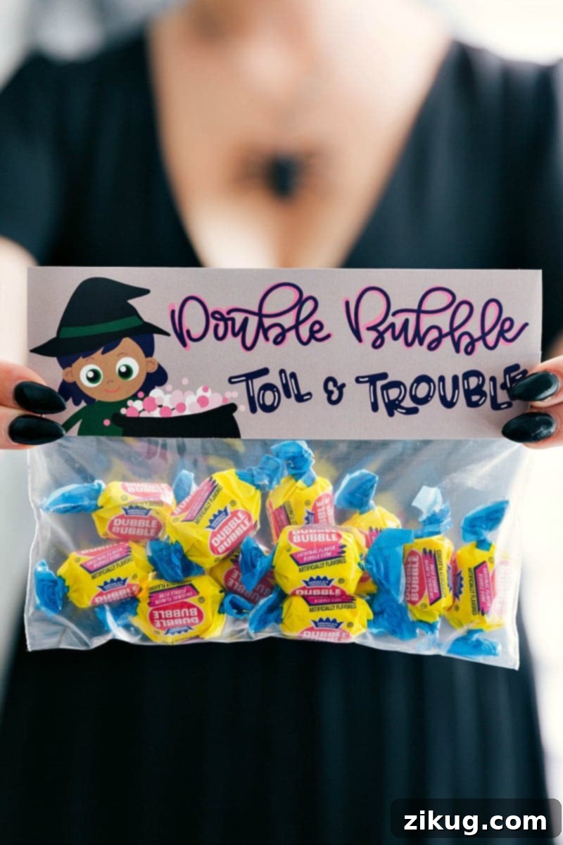 Free Halloween Treat Bag Toppers: Double Bubble Toil and Trouble Free Printable Halloween Treat Bag Toppers featuring 'Double Bubble Toil and Trouble' design, perfect for spooky party favors.