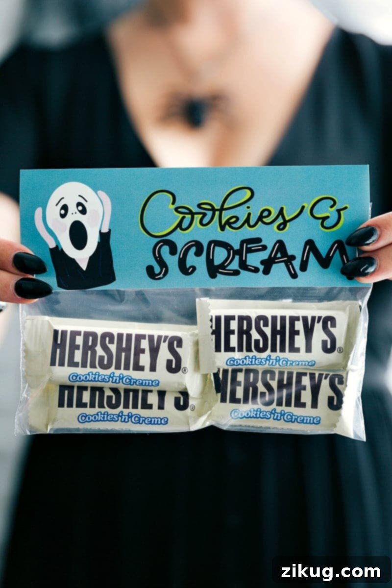 Cookies And Scream Halloween Treat Bags Halloween treat bag topper design featuring 'Cookies And Scream' with fun sized candy bars.