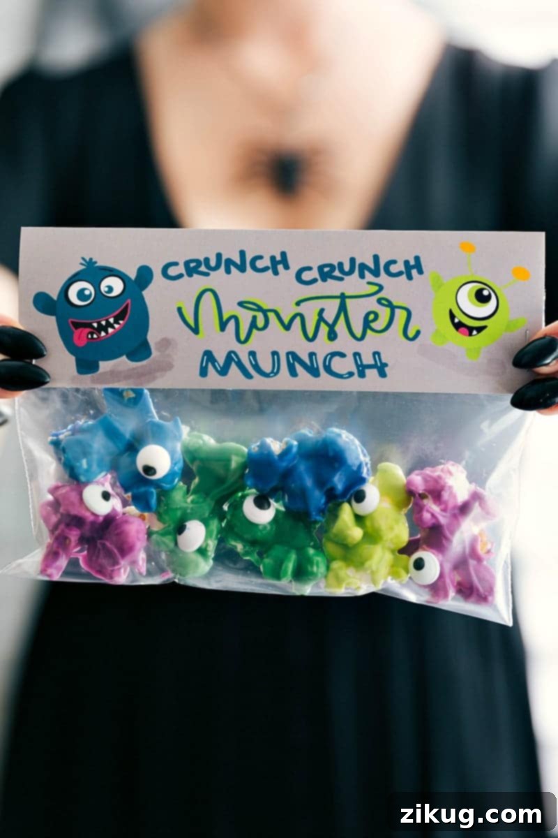 Crunch Crunch Monster Munch Halloween Favors Crunch Crunch Monster Munch Halloween treat bag idea, showing colorful popcorn in a clear bag with a thematic topper.