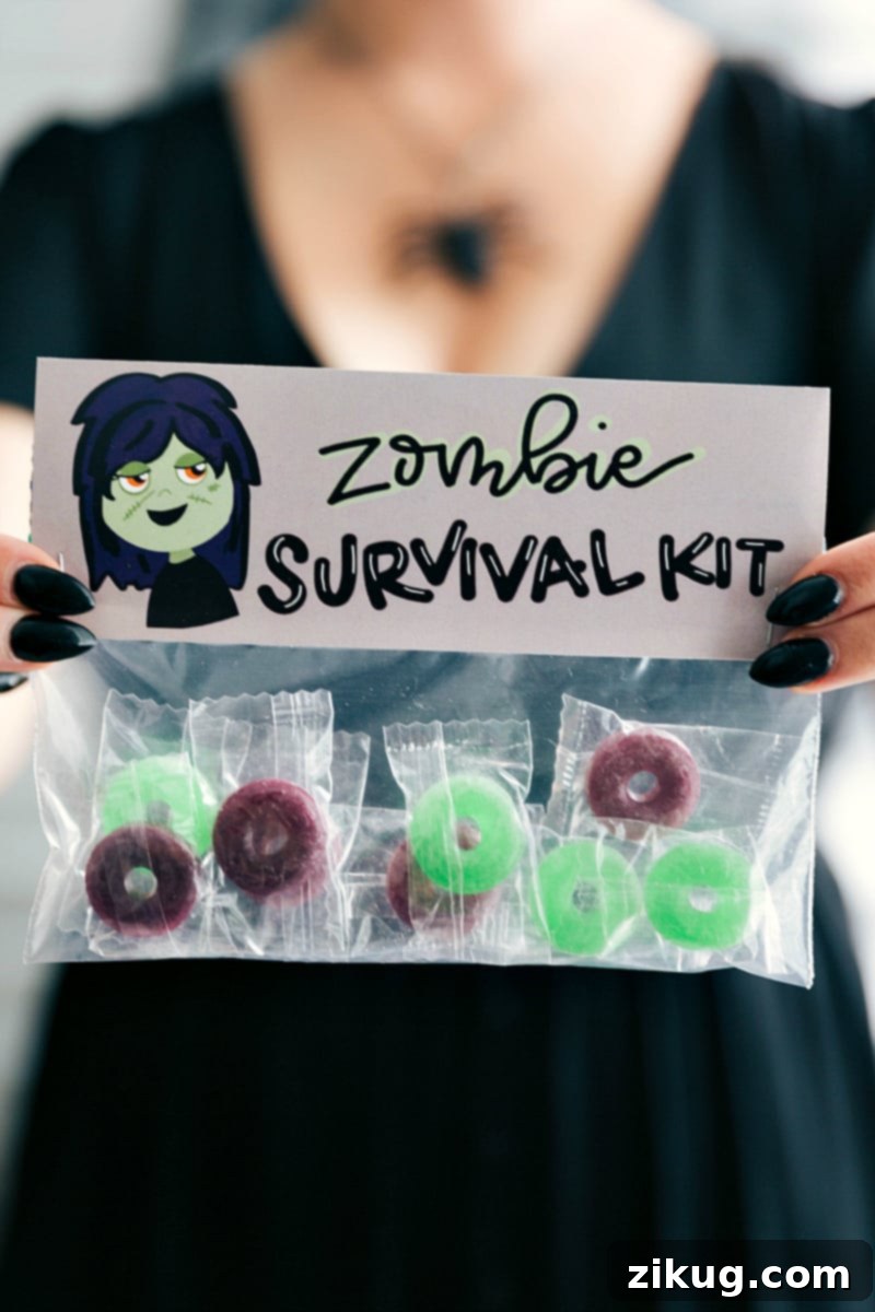 6 fun and festive easy Halloween bags filled with delicious treats! These candies/treats are put in a snack-size ziplock bag and you can staple on the FREE printable bag toppers! via chelseasmessyapron.com #halloween #gift #favor #party #dessert #candy #treat #easy #quick #free #printable #witch #pumpkin #dracula #zombie #mummy #ghost #skeleton #monster #zombies #kids #healthy #healthier #simple #fun #halloween #decor A festive Halloween treat bag featuring a 'Zombie Survival Kit' theme, filled with delicious Lifesavers. The bag is sealed with a free printable topper, part of a set of 6 easy and fun Halloween ideas for gifts, favors, or parties.