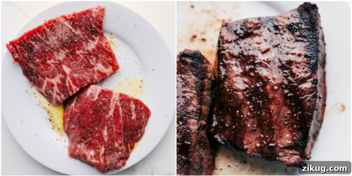 A prime cut of steak sizzling beautifully on a hot outdoor grill, showing perfect sear marks and a smoky char, ready to be incorporated into a delicious grilled steak salad recipe.