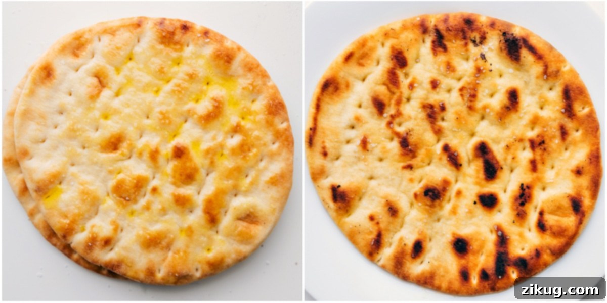 Crispy pita bread triangles, lightly brushed with olive oil and seasoning, grilled to a golden perfection with distinct char marks, ready to be added to the delightful grilled steak salad.