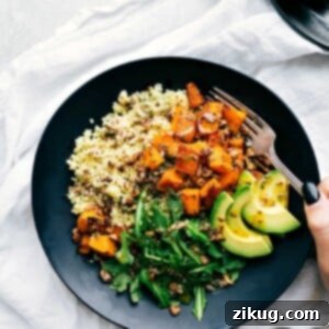 Butternut Squash Bowls with roasted squash, couscous, avocado, pecans, and dressing