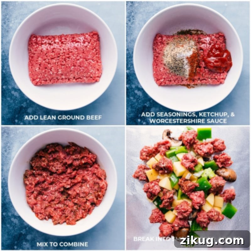 Prepping the ground beef with seasonings and combining it with the chopped vegetables in foil packs. Seasoned ground beef being crumbled over prepared vegetables in foil.
