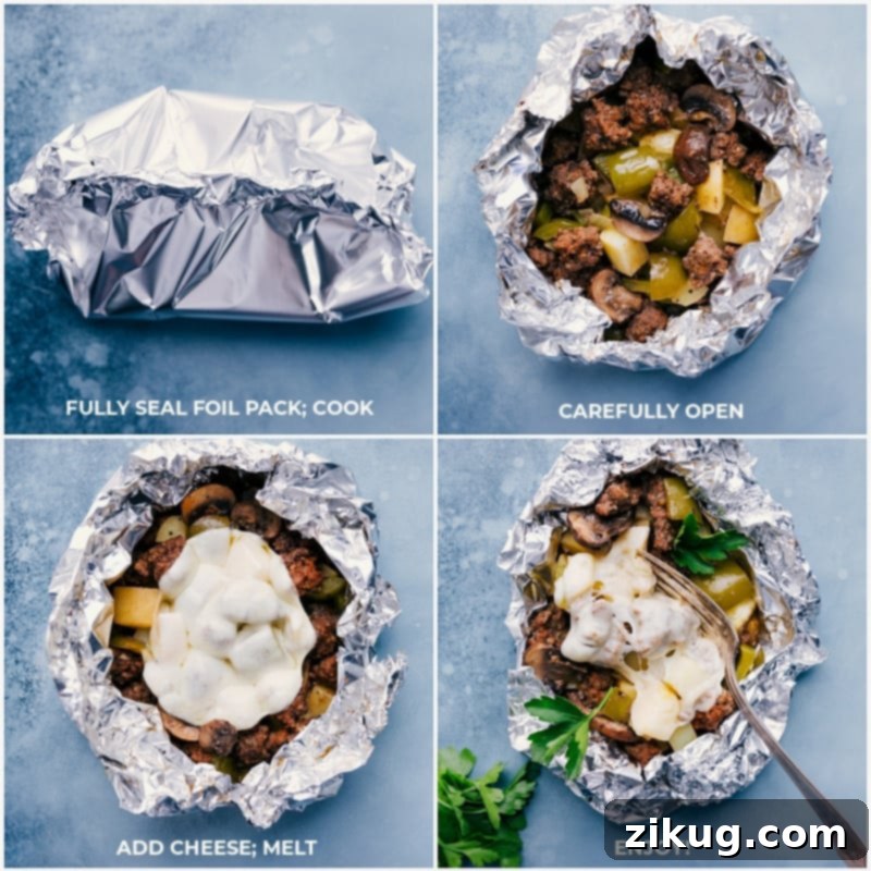 Step-by-step visuals: sealing foil packs, grilling them to perfection, and adding gooey melted Provolone cheese. A series of images showing foil packs being sealed, cooked on a grill, and cheese melting on top.