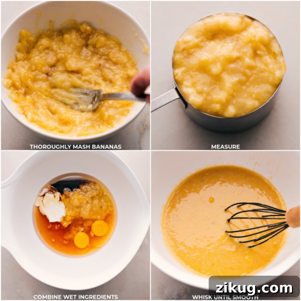 Wet Ingredients In Healthy Banana Bread Recipe Perfectly mashed bananas are being added to the bowl of wet ingredients, including melted coconut oil, honey, eggs, yogurt, and vanilla, for this Healthy Banana Bread Recipe.