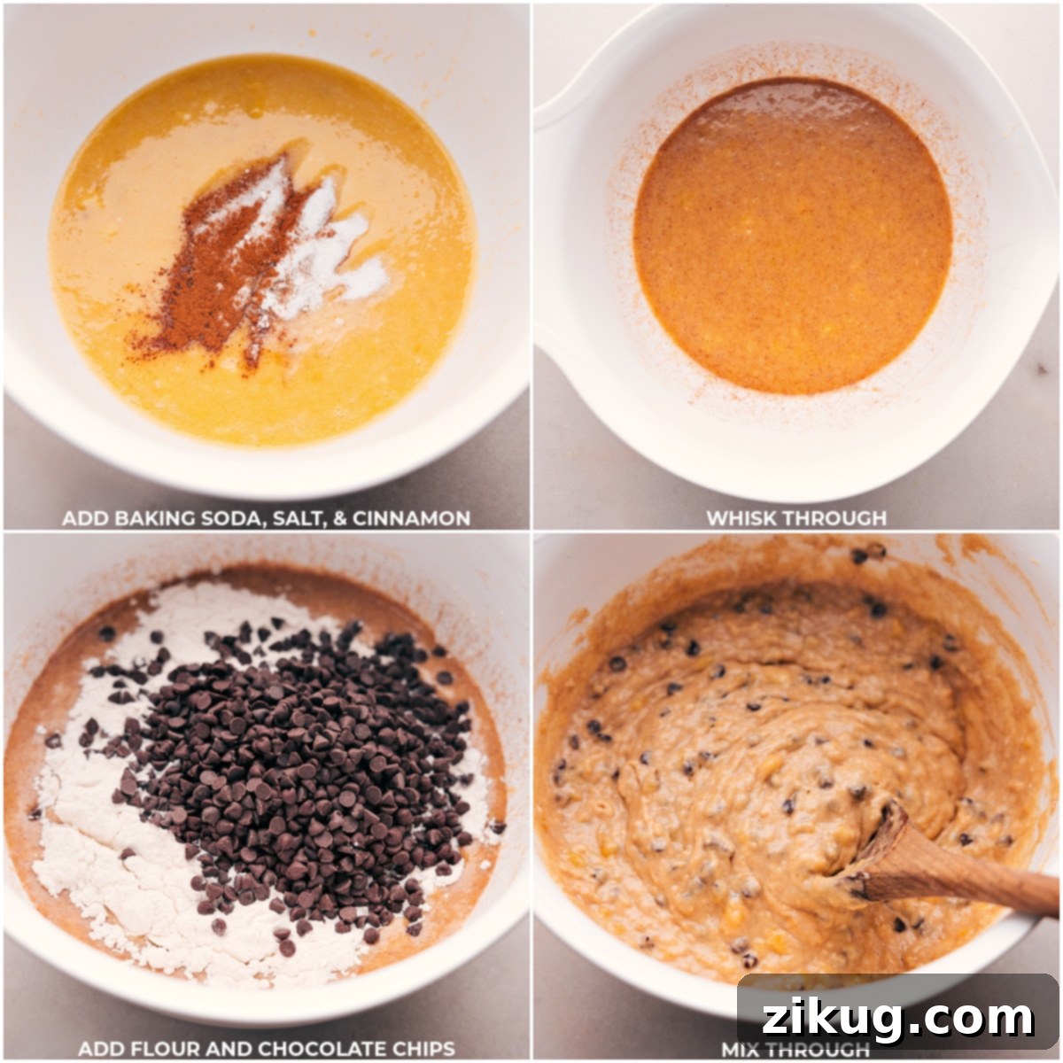 How To Make Healthy Banana Bread Recipe The dry ingredients, including flour and chocolate chips, are gently folded into the wet banana bread batter in a mixing bowl.