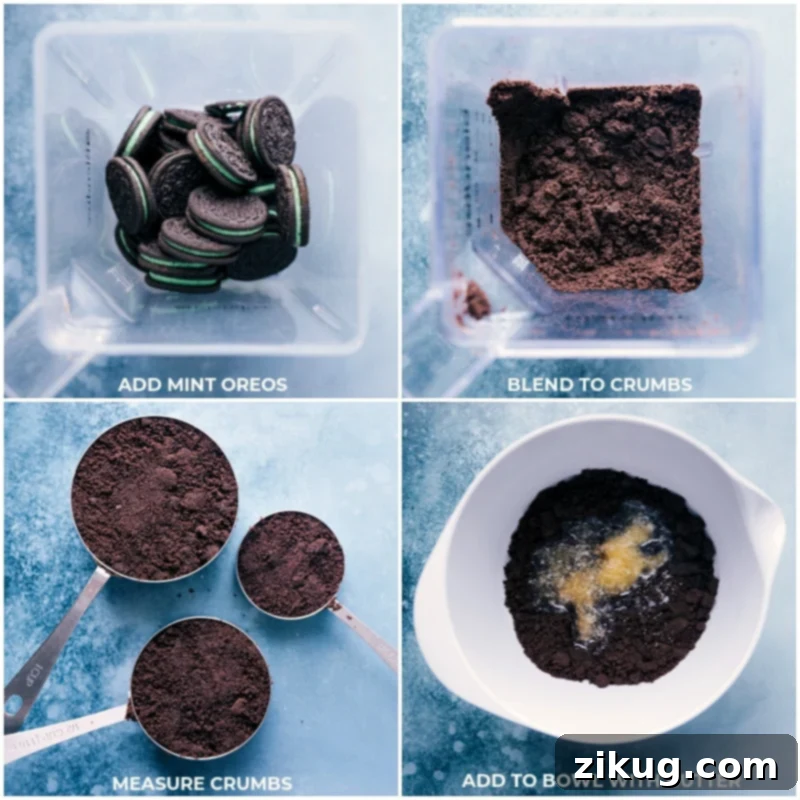 The initial steps of crafting a delightful Grasshopper Pie, from finely crushing Oreo cookies to creating the perfect buttery crust. #PieCrust #OreoCrust #NoBakeDessert #KitchenTips Process images showing how to make Grasshopper Pie: Crushing Oreo cookies in a food processor and mixing them with melted butter to form the pie crust.