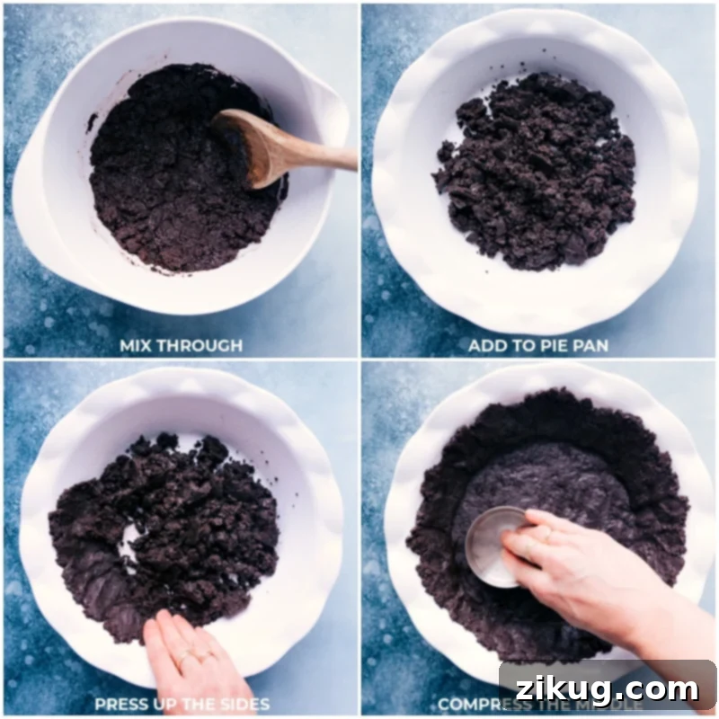 The foundation of a perfect Grasshopper Pie: a meticulously pressed Oreo crust, forming the base for its delectable layers. #PieBase #BakingPrep #NoBake Process images showing the prepared Oreo crust being pressed firmly into a pie pan, ready for the filling.