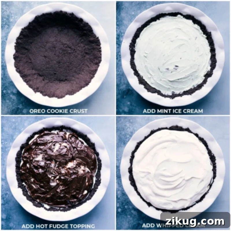 The beautiful layering of mint ice cream, rich hot fudge, and fluffy whipped cream, transforming into a spectacular Grasshopper Pie. #LayeredDessert #IceCreamTreat #DessertGoals Process images showing the layers of Grasshopper Pie: mint ice cream, hot fudge topping, and whipped cream, ready for final freezing.