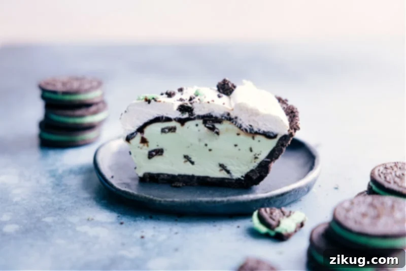 The exquisite Grasshopper Pie, sliced and ready to be savored – a truly perfect summer dessert moment. #DessertTime #MintDessert #PieSlice A beautiful side shot of a single slice of Grasshopper Pie, garnished with crushed cookies, ready to be enjoyed.