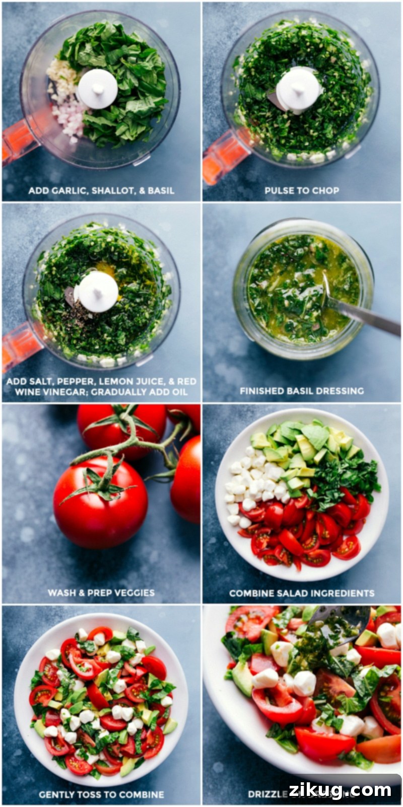 A visual guide showing the process of making Caprese Salad: basil dressing being blended in a food processor, fresh vegetables (tomatoes, mozzarella, avocado) being prepped and added to a large mixing bowl, and finally, all ingredients gently mixed together.