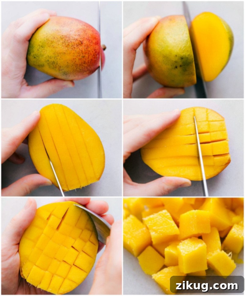 Do you know how to cut a mango? Mango Salsa is our go-to recipe when mangoes are ripe and in season! Recipe via chelseasmessyapron #recipe #easy #pineapple #salmon #chicken #fishtacos #shrimp #tilapia #mango #salsa An easy-to-follow visual guide demonstrating the proper technique to cut a mango into perfect dice for salsa.