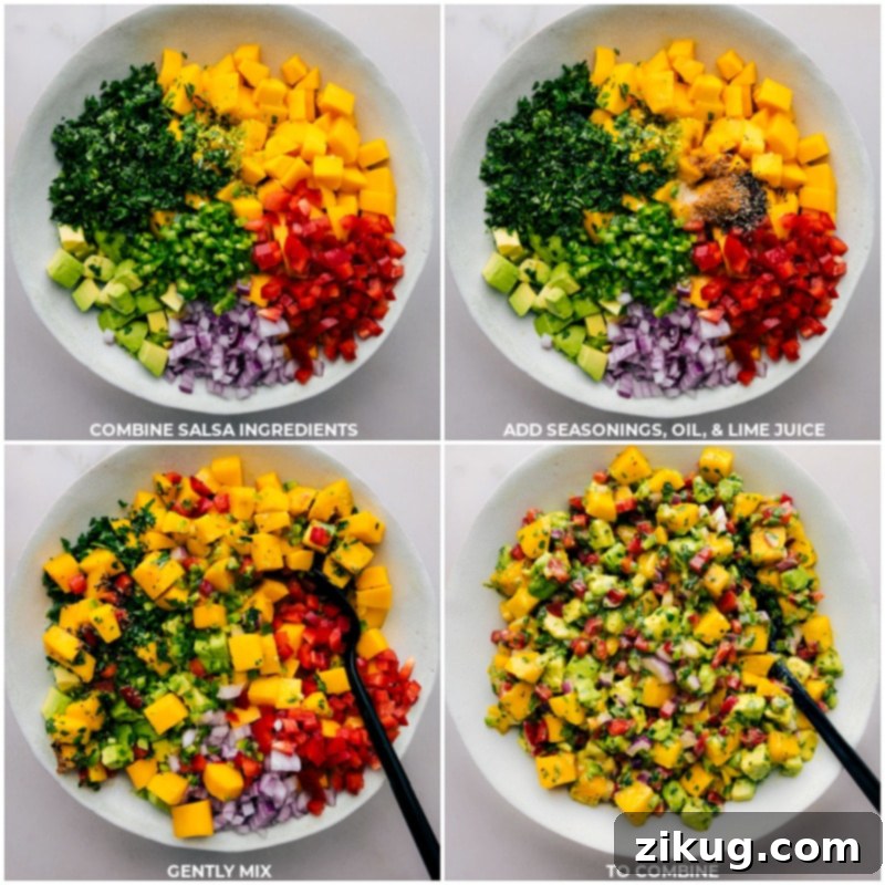 Our Mango Salsa is the recipe we reach for when mangoes are at their peak of ripeness! It's an effortless blend that's brimming with flavor and textural diversity. Not only does it pair well with a wide variety of dishes, but it also shines as a standalone side dish. Recipe via chelseasmessyapron #snack #quick #easy #simple #summerside #sidedish #avocado #mango #salsa A dynamic series of process shots illustrating the various ingredients for mango salsa being combined and mixed in a bowl, showcasing the fresh preparation.