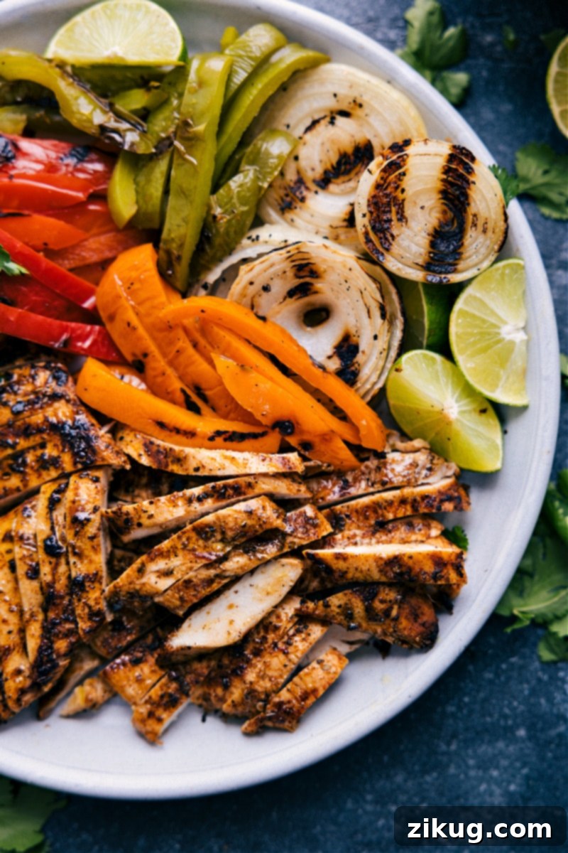 Complete Grilled Chicken Fajita Dinner Close-up shot of the grilled fajita dinner, presented beautifully with various toppings