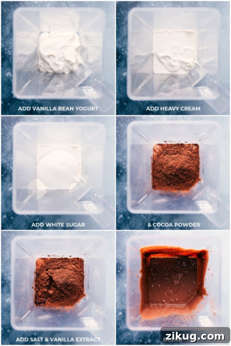 Blending the perfect Chocolate Frozen Yogurt mixture for a smooth, consistent base. All chocolate frozen yogurt ingredients in a blender, ready to be processed.