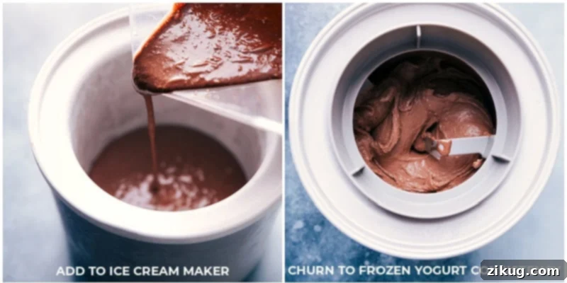Effortless Frozen Yogurt: Blend, pour into the ice cream maker, and await your creamy dessert. Pouring the blended chocolate yogurt mixture into an ice cream maker for churning.