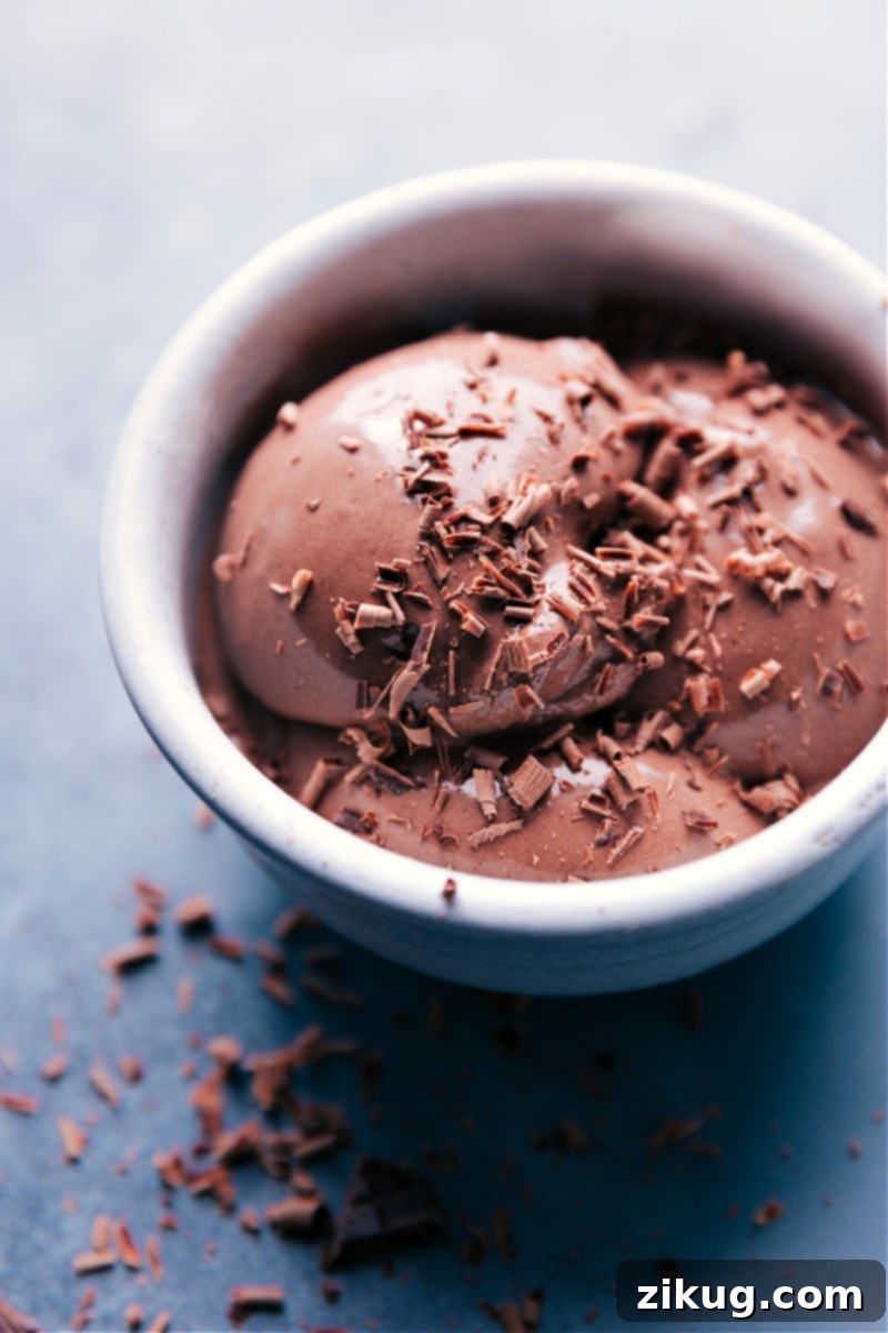 The best ever Chocolate Frozen Yogurt, perfectly creamy and rich with a sweet-tart profile. A beautifully presented scoop of Chocolate Frozen Yogurt, garnished with chocolate shavings.