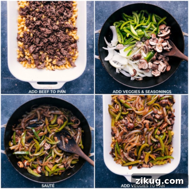 Philly Cheesesteak Pasta is a meal that everyone goes crazy for! We're borrowing components from a famous Philly Cheesesteak and channeling it all into a crave-worthy pasta dish. What's not to love?! Recipe via chelseasmessyapron #dinner #quick #easy #simple #best #familyfriendly #kidfriendly #comfortfood #cheesy #phillycheesesteak #pasta Process shots of Philly Cheesesteak Pasta preparation: ground beef being browned and seasoned in a large cast-iron pan, followed by colorful bell peppers, onions, and mushrooms sautéing to perfection in the same pan.