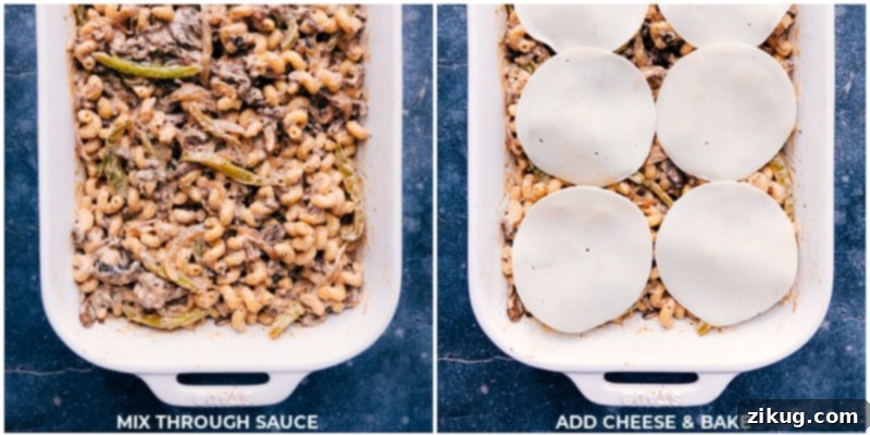 Creamy Philly Cheesesteak Pasta 2 A top-down view of a generously portioned Philly Cheesesteak Pasta bake, showcasing its golden crust and inviting texture, perfect for sharing.
