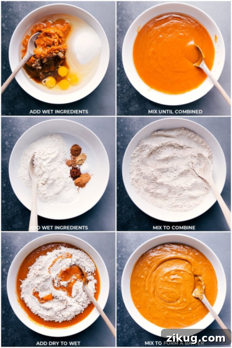 Preparing Pumpkin Cake Batter - Smooth and Flavorful All the wet and dry ingredients laid out on a kitchen counter, then meticulously measured and mixed to form a smooth and consistent pumpkin cake batter, ready for baking.