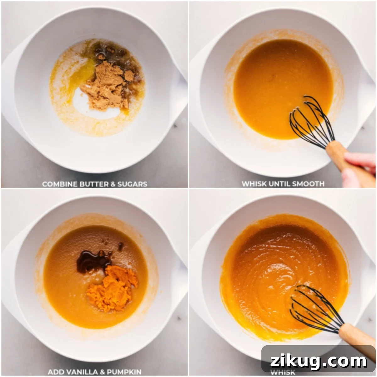 Making Pumpkin Snickerdoodle Cookies: Mixing Butter, Sugars, Pumpkin, and Vanilla A large bowl containing melted butter, granulated and brown sugars, pumpkin puree, and vanilla extract, thoroughly mixed and ready for dry ingredients.
