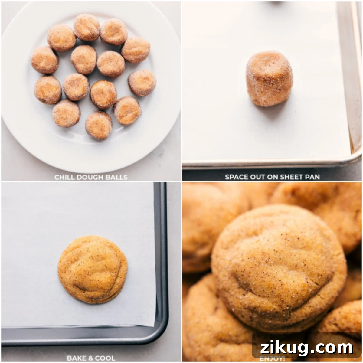 Perfectly Baked Pumpkin Snickerdoodles: Chilled and Baked Dough Balls Chilled cookie dough balls, generously coated in pumpkin-spiced sugar, perfectly baked and cooling on a wire rack, showcasing their golden hue and crackly tops.