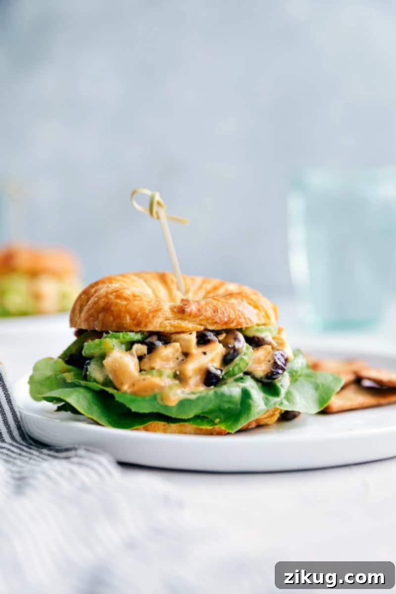 Honey Mustard Chicken Salad Sandwiches: Easy & Delicious Recipe for Lunch or Party A close-up shot of a perfectly assembled Honey Mustard Chicken Salad Sandwich, served with crispy crackers and a refreshing glass of water in the background, highlighting its irresistible texture and vibrant ingredients.