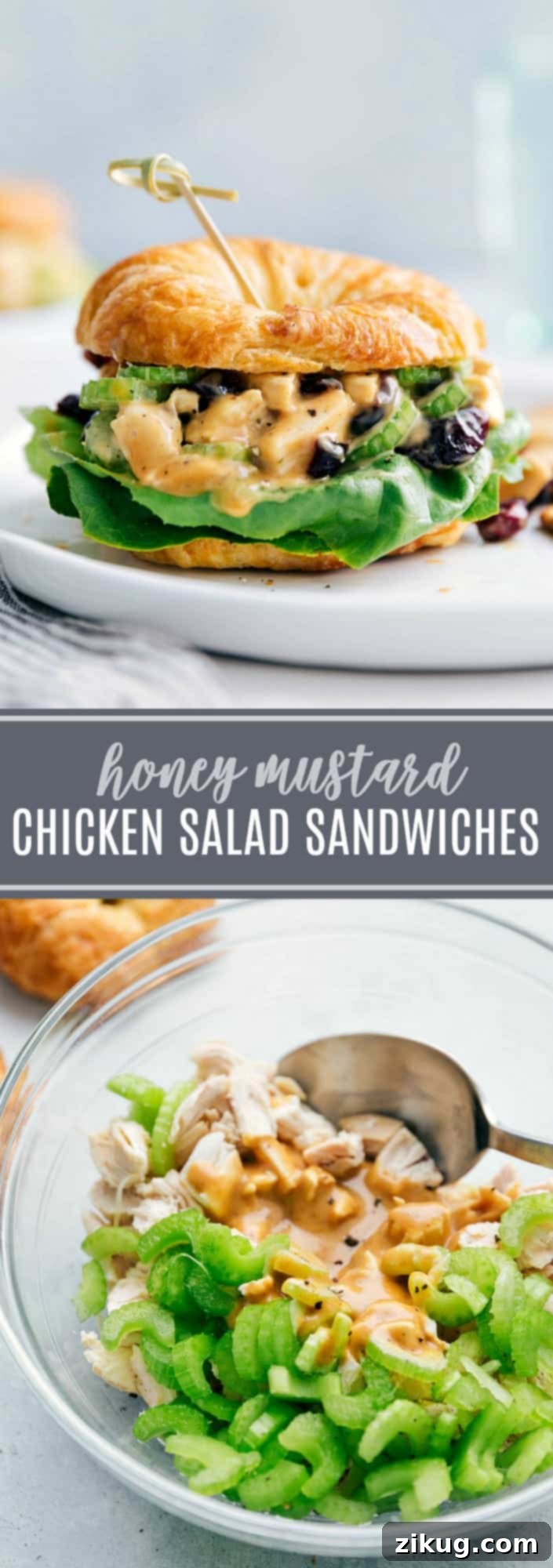 Tangy Honey Mustard Chicken Salad Sandwiches 3 Honey Mustard Chicken Salad Sandwiches: easy, quick, lunch, dinner, party, holiday, potluck, lettuce, sandwich, croissant, celery, cranberries, rotisserie, best
