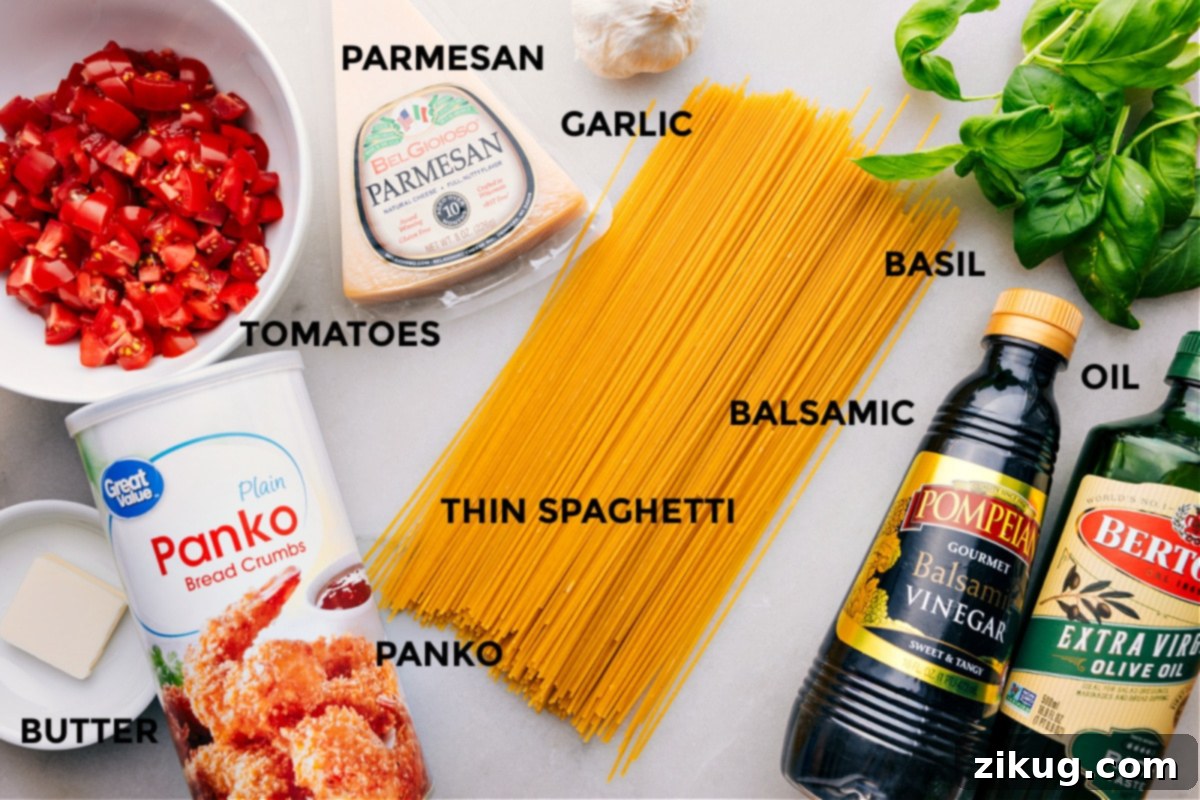 Vibrant Bruschetta Pasta 4 Close-up of fresh, ripe cherry tomatoes, garlic, basil, and parmesan cheese, key ingredients for Bruschetta Pasta.