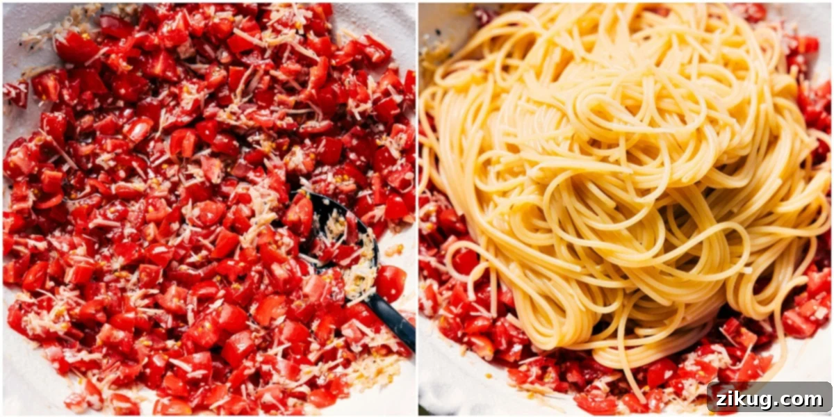 Vibrant Bruschetta Pasta 5 Hands tossing Bruschetta Pasta in a large bowl, showcasing the fresh ingredients and perfectly coated spaghetti.