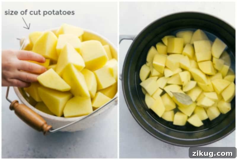 This rich and creamy Mashed Potatoes recipe also includes tips and tricks on how to make the BEST Mashed Potatoes. Peeled and cubed potatoes soaking in water before boiling.