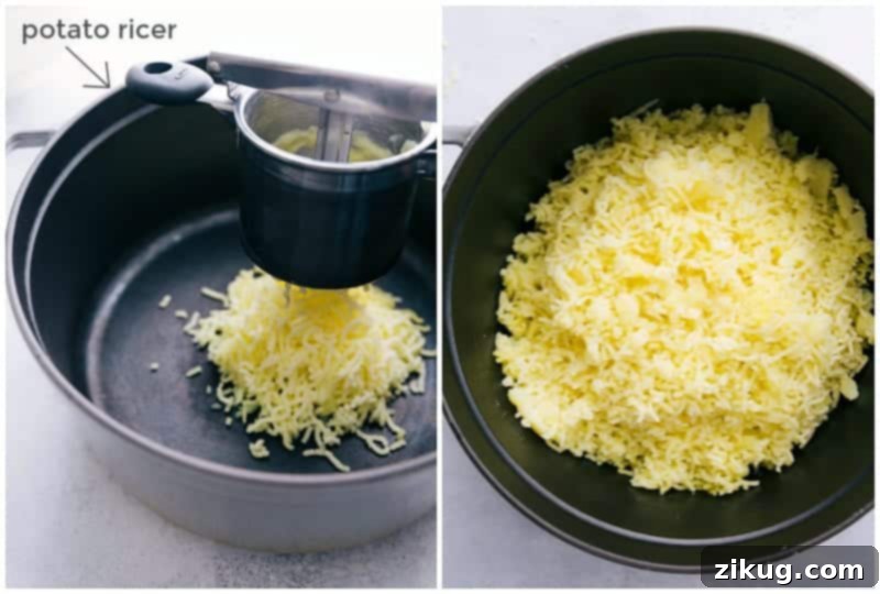 This rich and creamy Mashed Potatoes recipe also includes tips and tricks on how to make the BEST Mashed Potatoes. Hot, boiled potatoes being pressed through a potato ricer for a smooth consistency.
