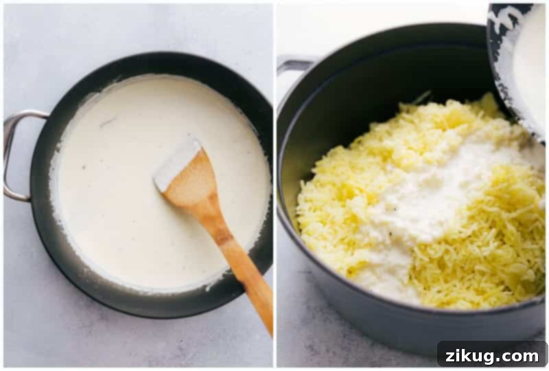 This rich and creamy Mashed Potatoes recipe also includes tips and tricks on how to make the BEST Mashed Potatoes. Garlic-infused warm cream and butter being mixed into riced potatoes in a pot.