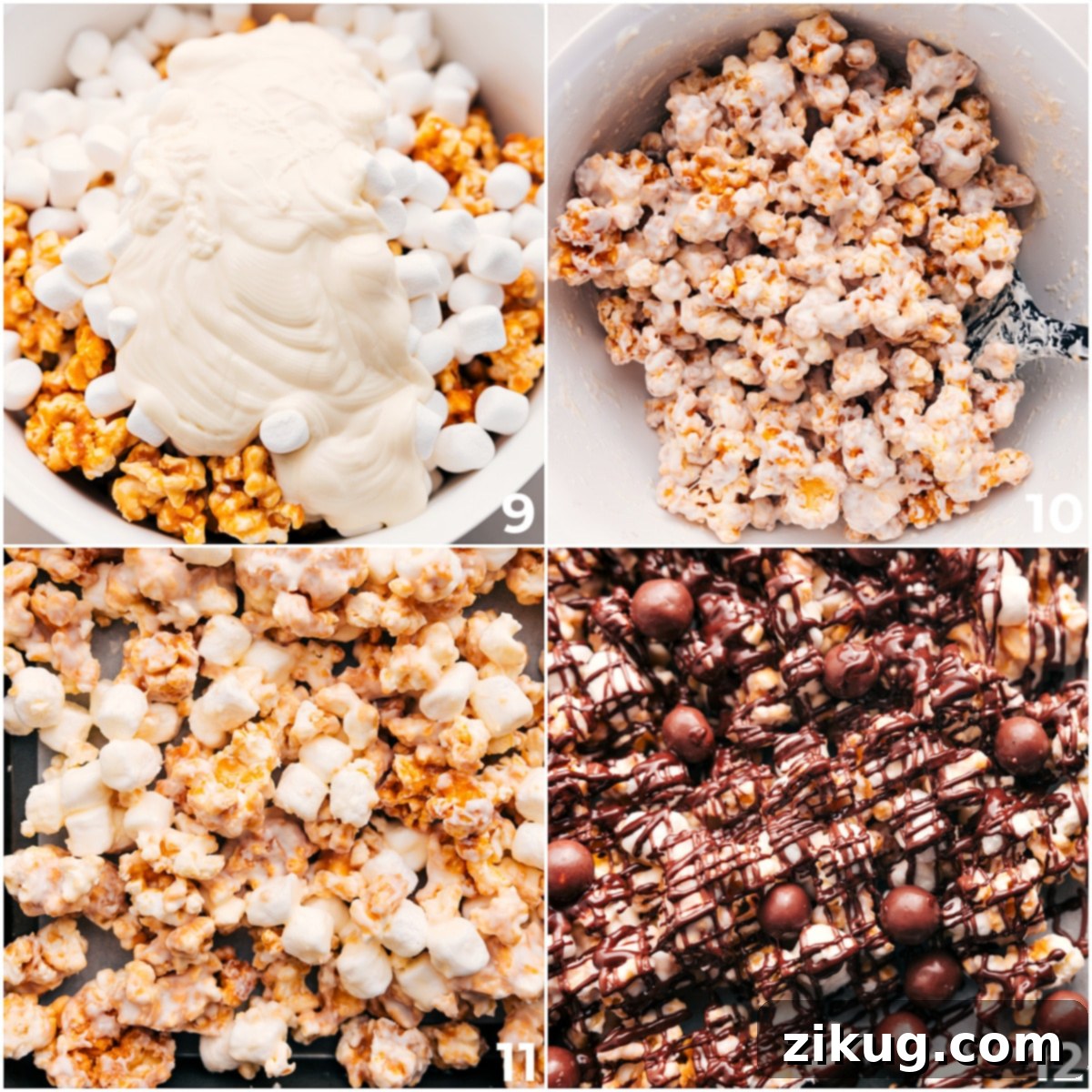 Decadent Three-Chocolate Popcorn Recipe The final decadent steps: mixing creamy white chocolate and mini marshmallows into the popcorn base, followed by artful drizzles of dark and milk chocolate, and finally, a generous topping of crunchy Whoppers.
