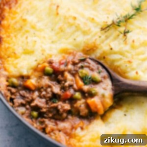 A delicious skillet of Ground Beef Shepherd's Pie ready to be served.