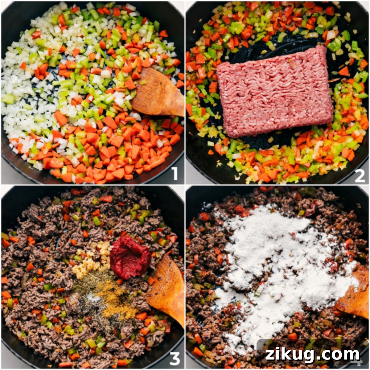 Veggies being sautéed, then ground beef browned with garlic, seasonings, tomato paste, and flour for ground beef shepherd’s pie filling.