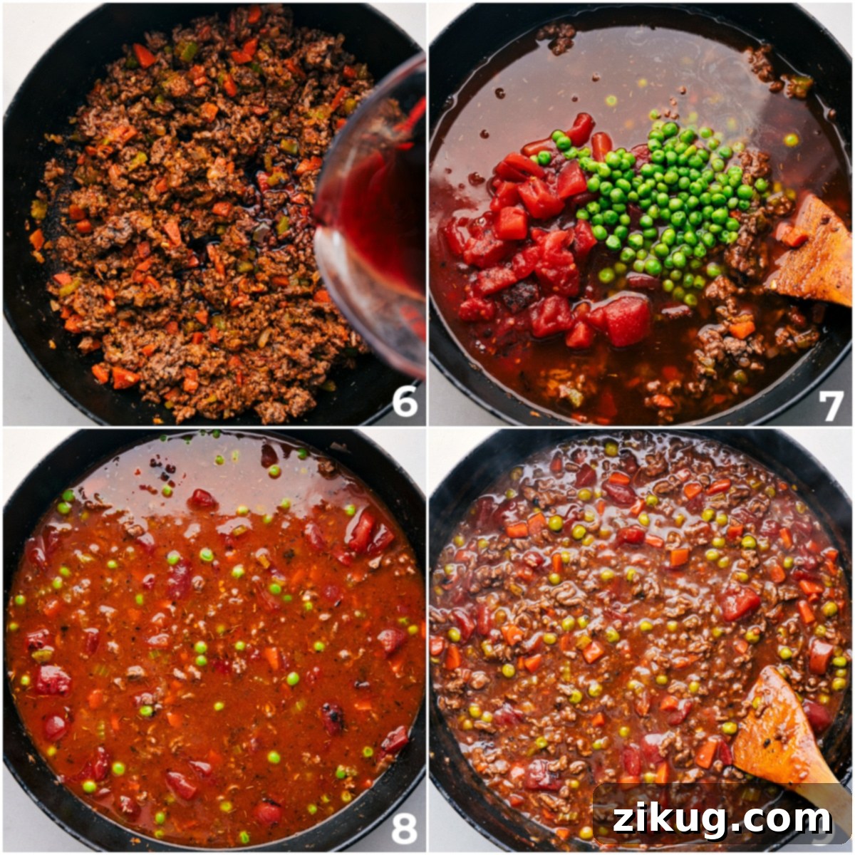 Grape juice, broth, and tomatoes and peas added to the mix to all simmer together.