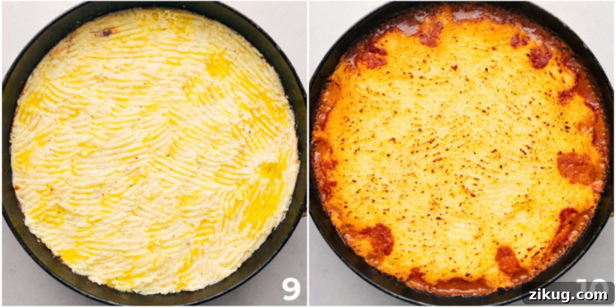 The mashed potatoes spread on top of the Ground Beef Shepherd's Pie and it all being baked.