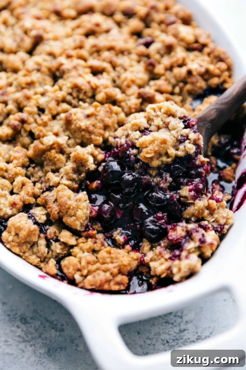 Blueberry Crumble 2 Freshly baked dessert with a spoonful being taken out, revealing its delicious and fruity interior, warm and inviting.