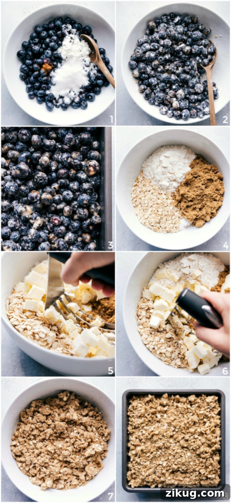 Blueberry Crumble 3 The making of the blueberry crisp, including coating blueberries in cornstarch and lemon, mixing ingredients, adding butter to make the crumble, and assembling in a baking pan.