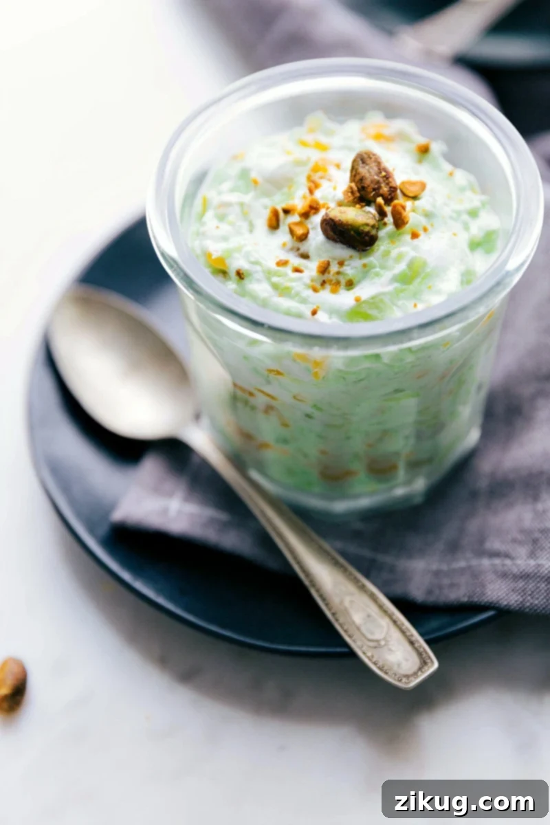 Pistachio Dream Salad 2 Finished Watergate Salad topped with pistachios, ready to enjoy.