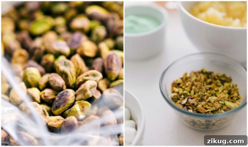 Preparing Pistachios for Recipe Whole and chopped pistachios ready for adding to the recipe.