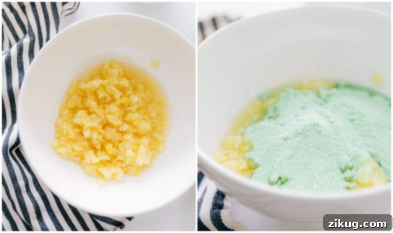 Pistachio Dream Salad 4 Mixing pineapple and pistachio pudding for Watergate salad recipe.