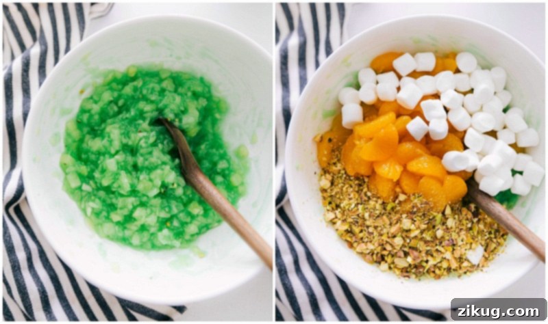 Pistachio Dream Salad 5 Adding marshmallows, pistachios, and mandarin oranges to the pudding and pineapple mixture.