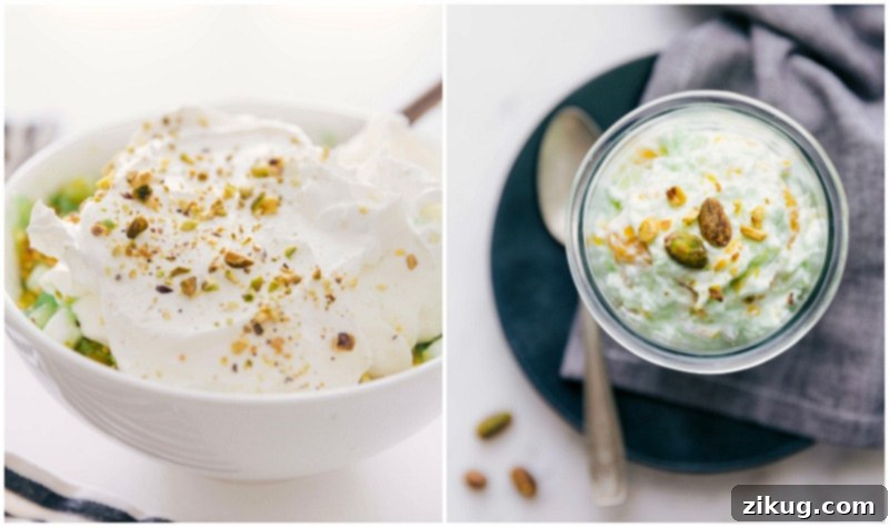 Pistachio Dream Salad 6 Carefully topping Watergate salad with a generous dollop of whipped topping and a sprinkling of crunchy pistachios for a delightful finish.
