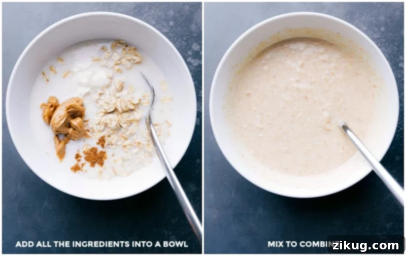 Mixing Ingredients for Peanut Butter Cookie Overnight Oats All the ingredients used in this recipe in a bowl, then being mixed together.