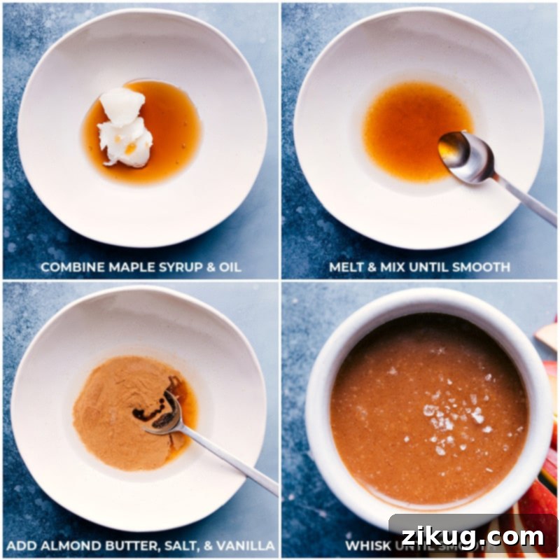 Wholesome Caramel Drizzle 3 Step-by-step photos illustrating the process of making healthy caramel sauce: first, melting coconut oil and maple syrup, followed by whisking in almond butter, salt, and vanilla extract.