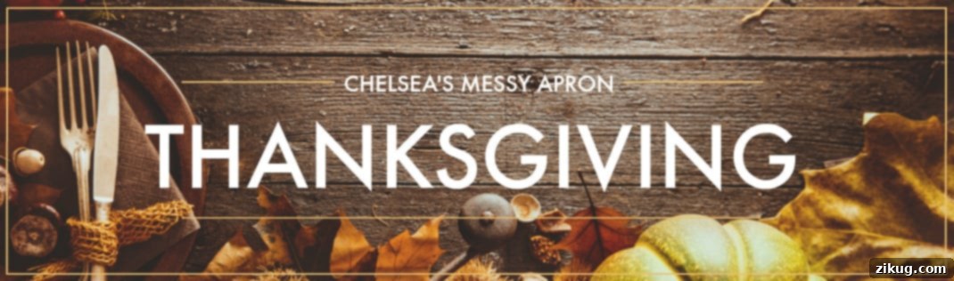 Chelsea's Messy Apron Thanksgiving planning guide, featuring a beautifully set table with autumnal decor and delicious Thanksgiving dishes.